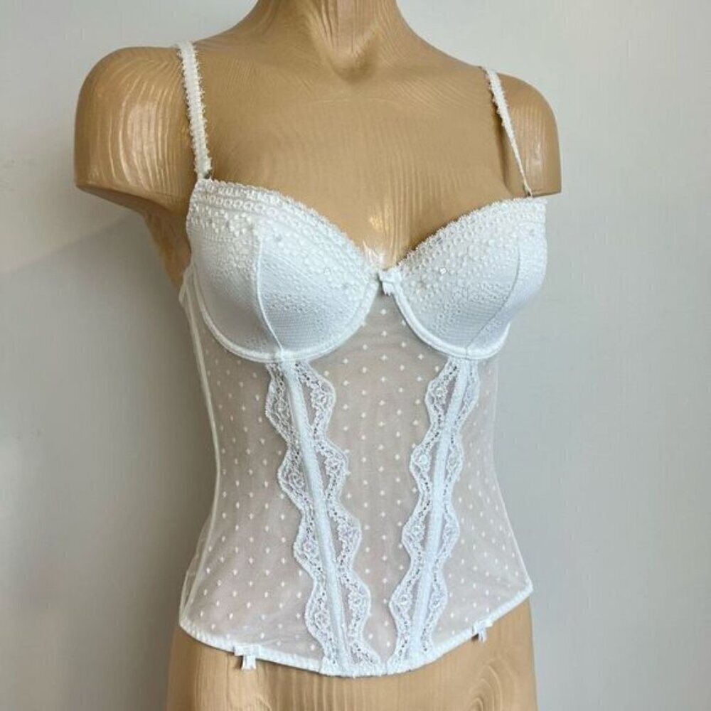 VTG Lingerie Luxury US 34 C Intimates White Lace Gartier Longline Corset Bustier